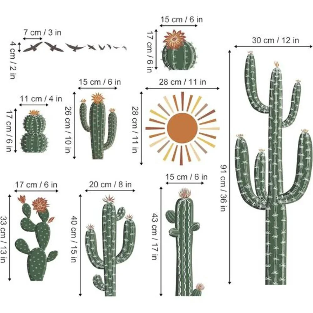 Boho Cactus Wall Stickers Tropical Green Plants Peel and Stick Wall Art Decals